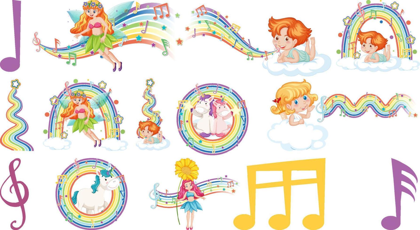 Set of fantasy fairies and cupids with rainbow elements vector