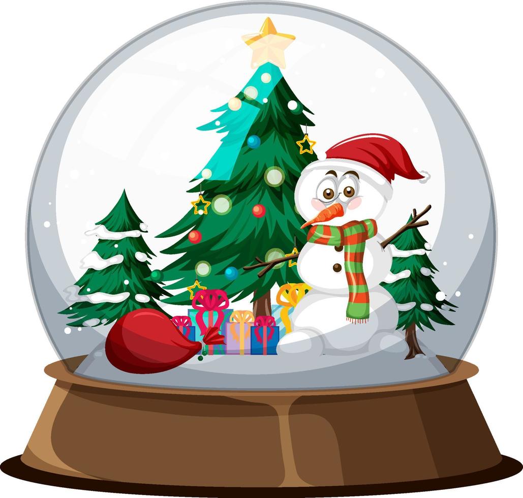 muñeco de nieve y árbol de navidad en snowdome vector