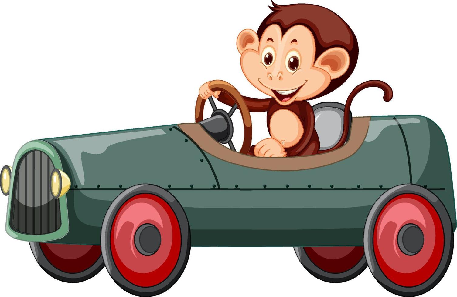 Cute monkey driving race car on white background vector