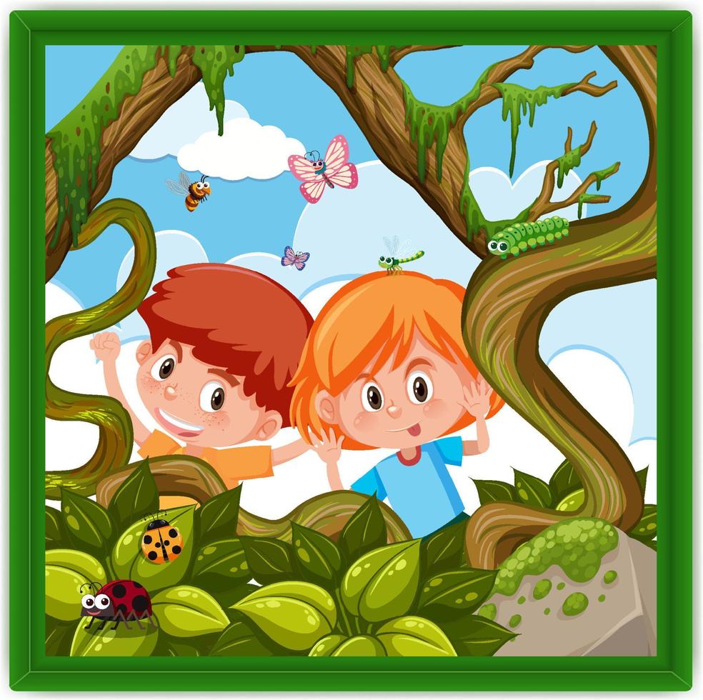 Two kids in the forest photo in a frame isolated vector