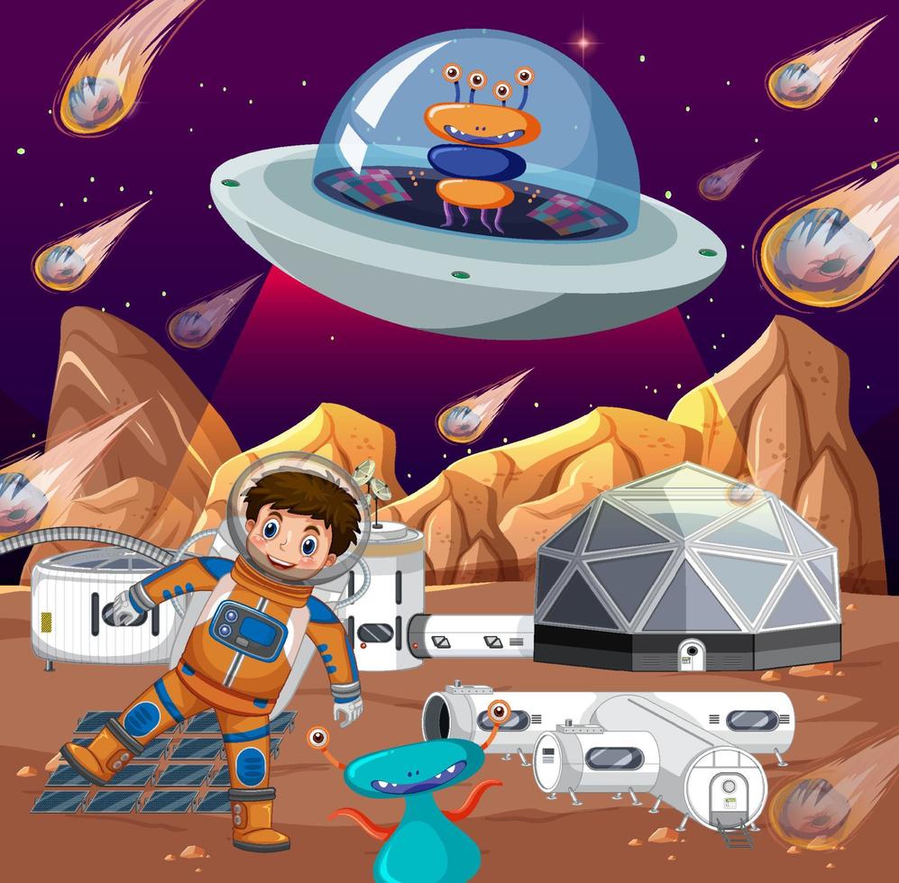 Astronaut and aliens on planet vector