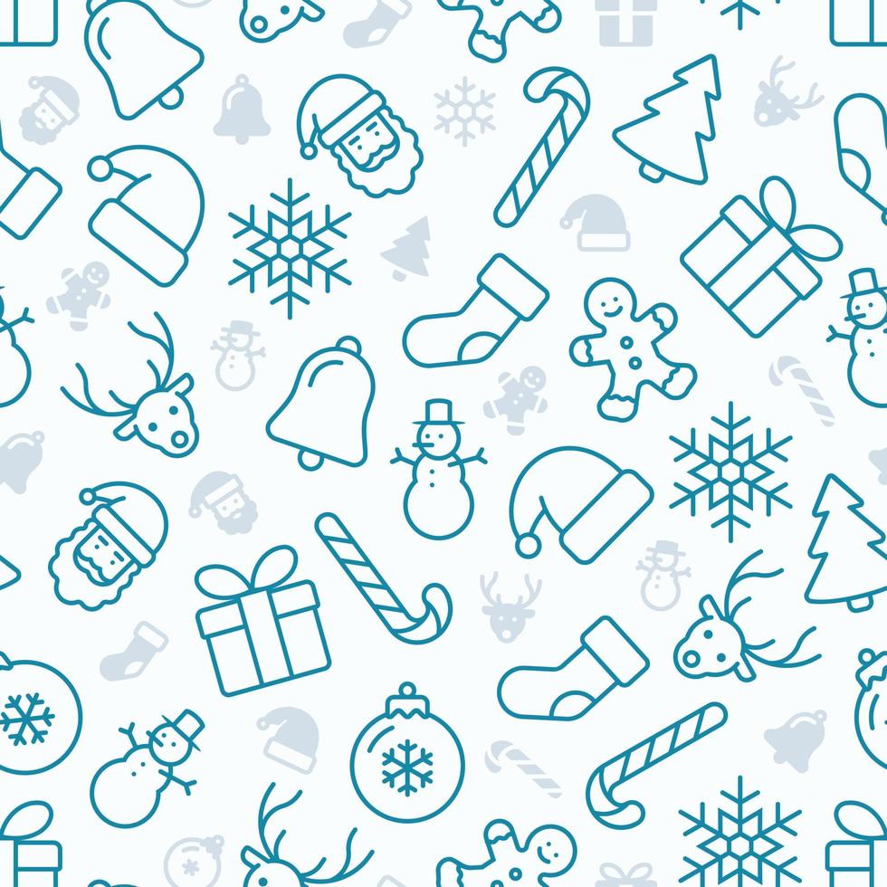 Seamless Christmas pattern of teal outline icons with smaller subtle grey icons vector
