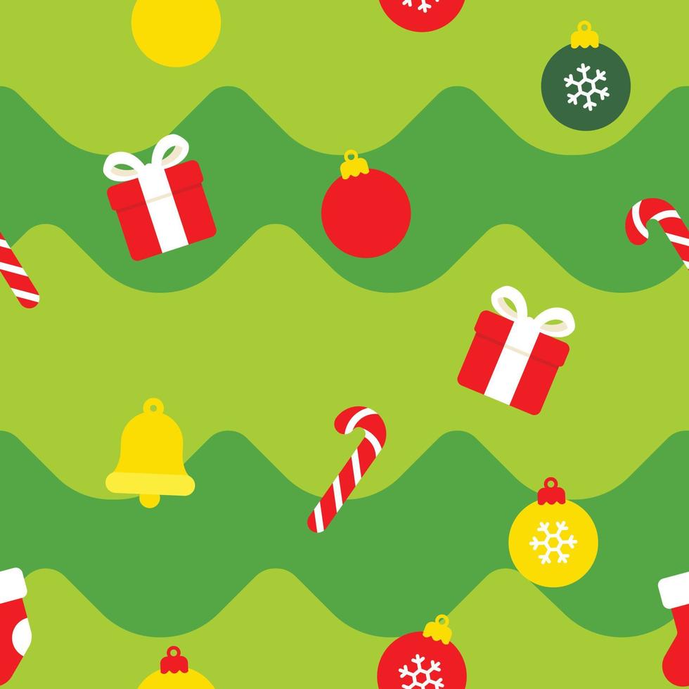 Seamless pattern of Christmas ornaments and objects on Christmas tree background. vector