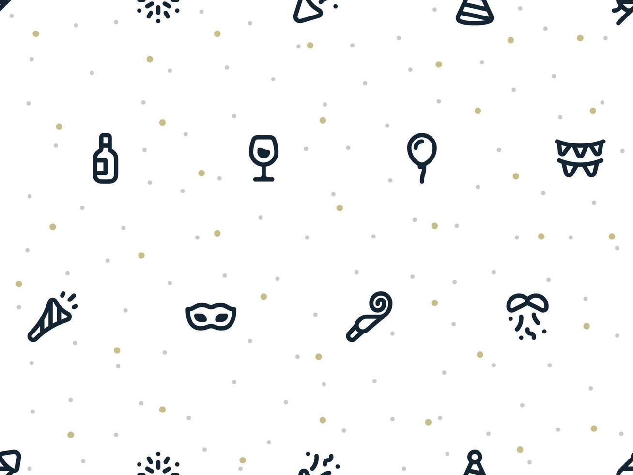 Seamless pattern of small new year party icons with random dots on white background. vector
