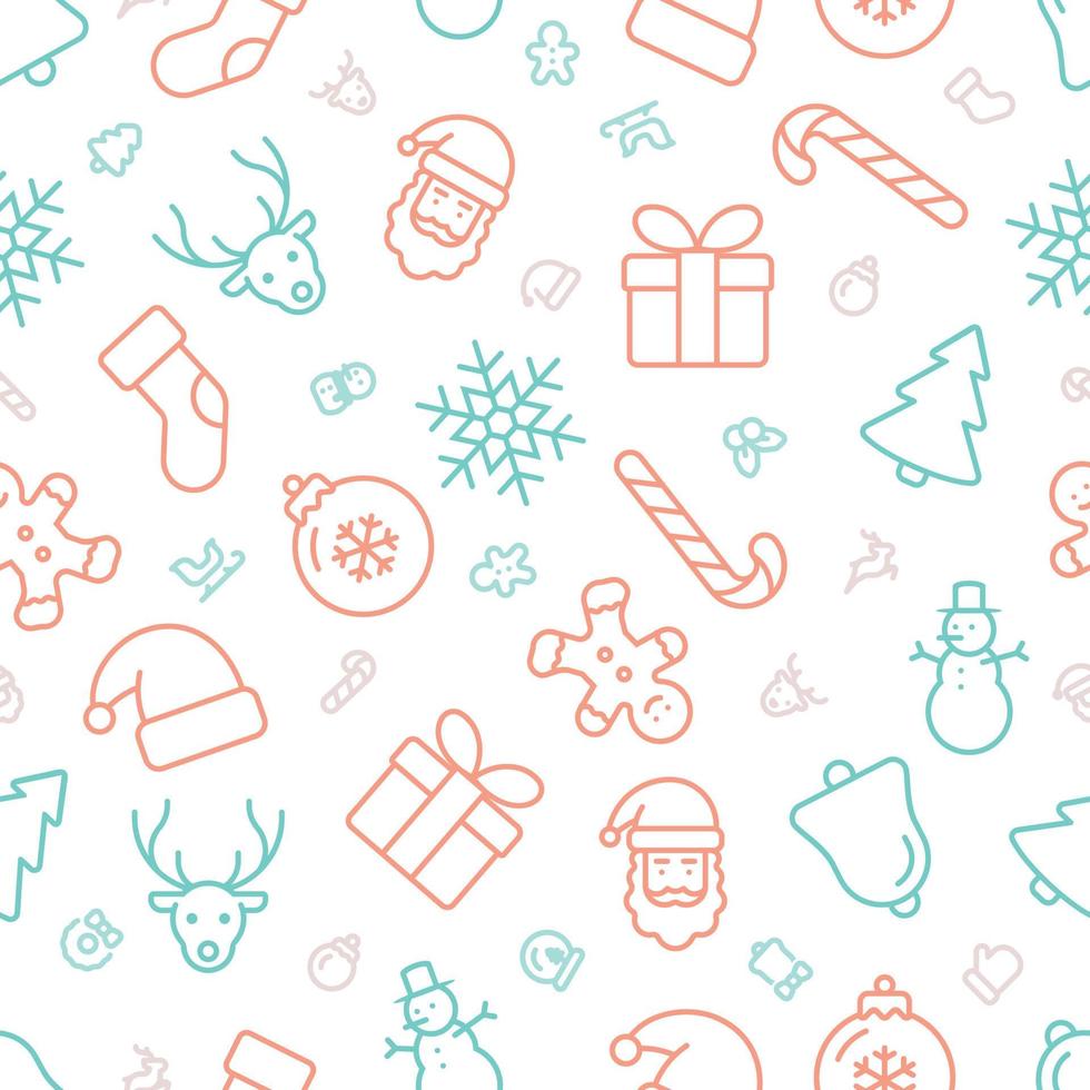 Repeatable seamless pattern of pastel green and red outline Christmas icons with small icons in between on white background. vector