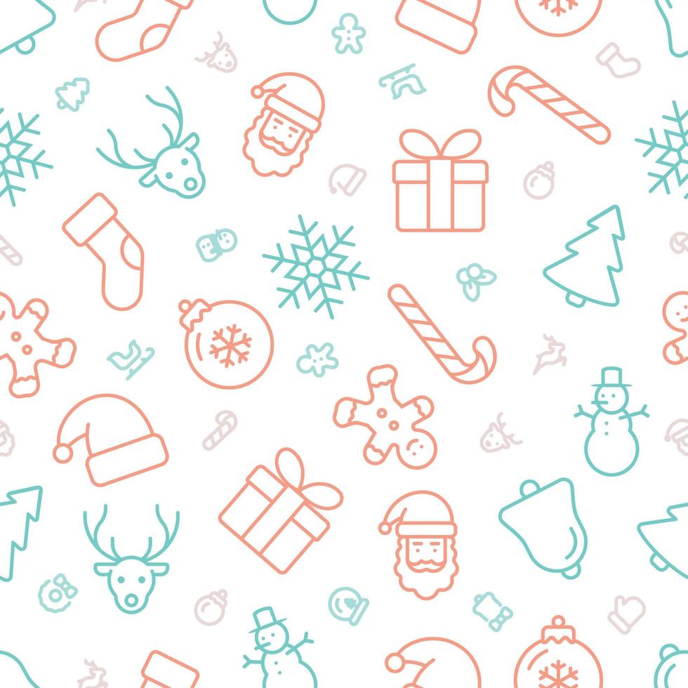 Repeatable seamless pattern of pastel green and red outline Christmas icons with small icons in between on white background. vector