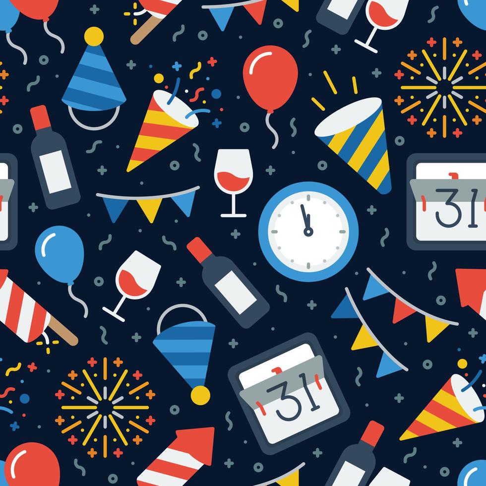 Repeatable seamless pattern of colorful new year party-related icons on dark background. vector