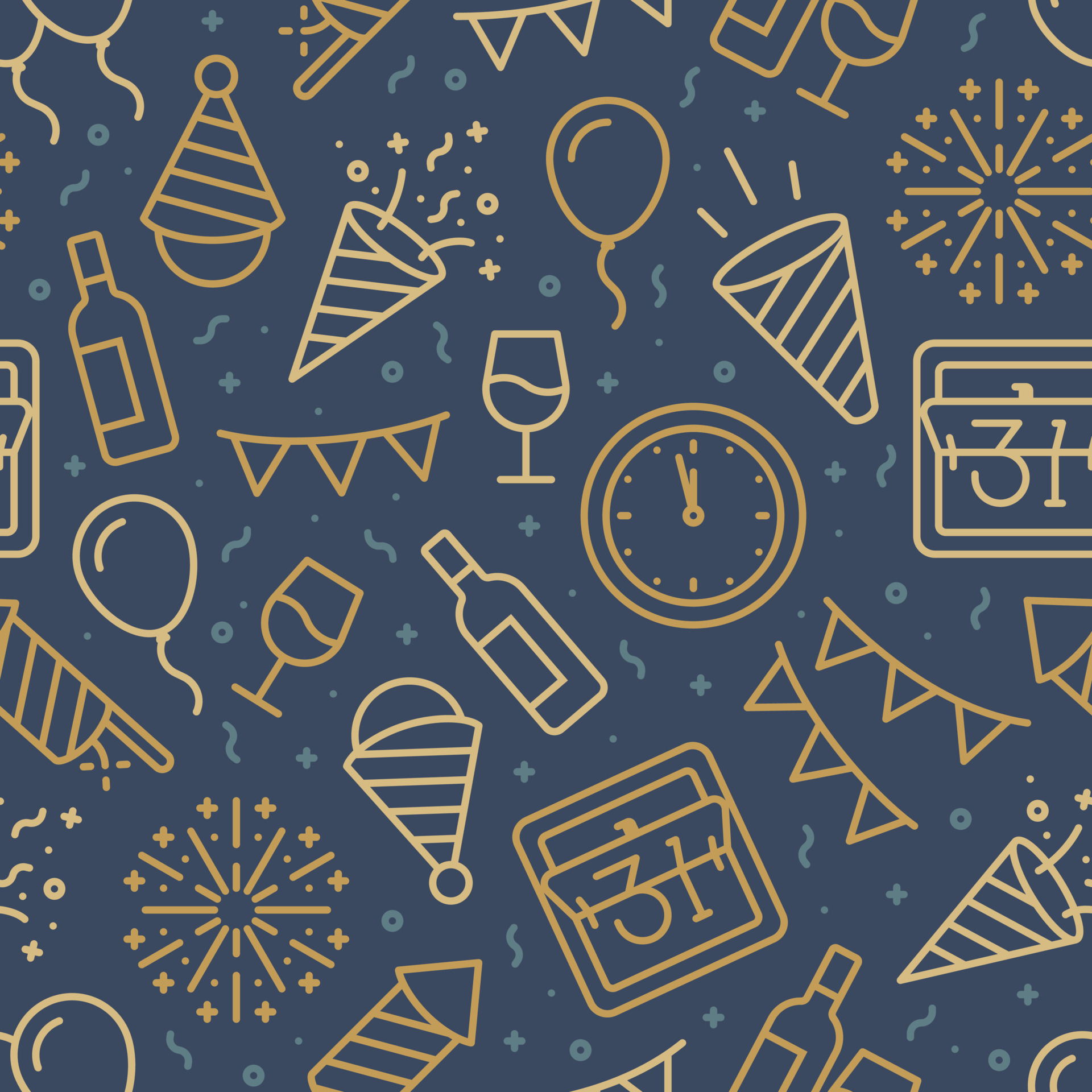 Golden seamless pattern of new year line icons with confetti on blue