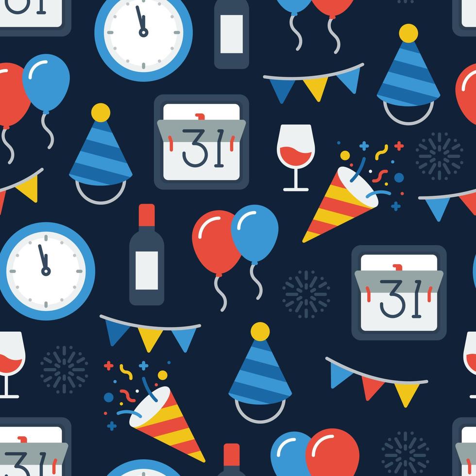 Colorful repeatable background of new year eve party icons. Seamless pattern on dark background. vector