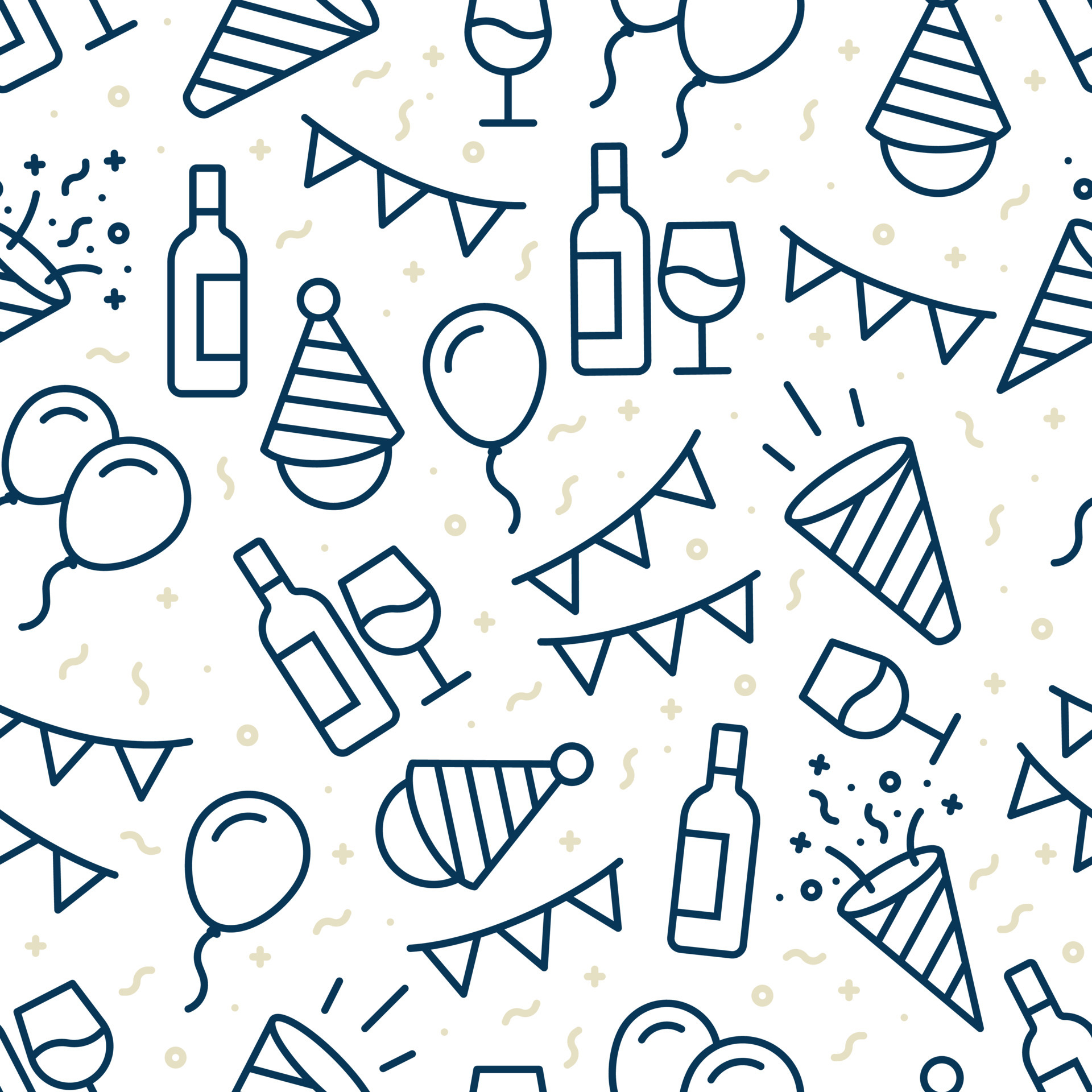 Seamless blue outline party pattern with yellow confetti on white