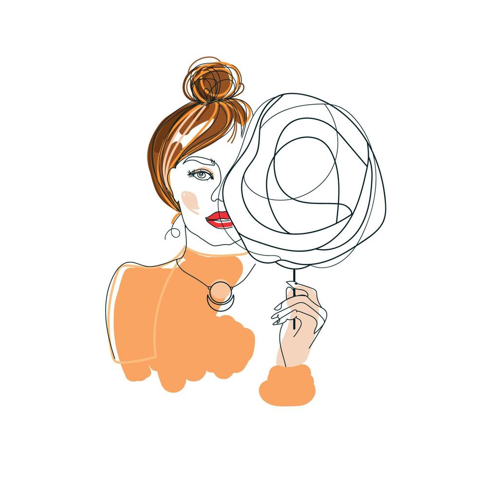 mujer joven con un peinado sencillo y algodón de azúcar en la mano. chica elegante con labios rojos. mujer de moda. estilo de dibujo Ilustración de vector aislado sobre fondo blanco, bonito diseño para imprimir