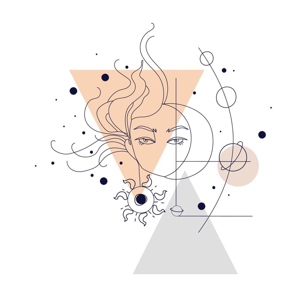 rostro femenino abstracto surrealista con la luna, el sol y los planetas, y formas geométricas y líneas sobre un fondo blanco.Diseñado en un estilo de contorno de tendencia, línea de arte.Ilustración de vector