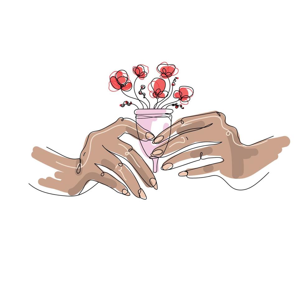 Menstrual cup in female hands.Zero waste concept and protection of female intimate health.Vector illustration of menstrual cup.Hand drawn period product, sketch style isolated on white background vector