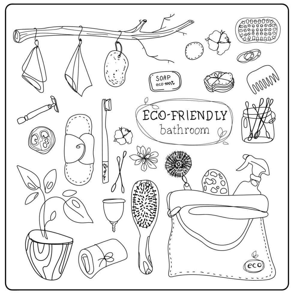 Vector zero waste illustration. Eco friendly bathroom items set, hand drawn in outline doodle style. Hygiene items and houseplants isolated on white backgroun.Environmental protection