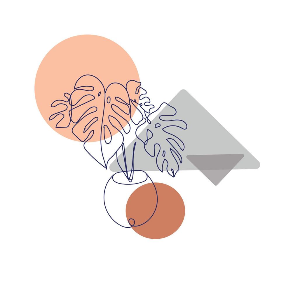 Vector abstract illustration with a home plant flower Monstera in a flowerpot on a background of geometric shapes, drawn in a modern contour style, continuous line design