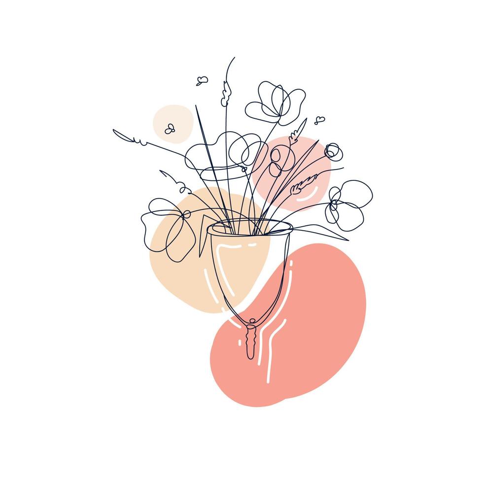 Zero waste concept. Menstrual cups in female hands with tattoos.Ecological protection for women on critical days.Vector illustration of feminine hygiene product drawn in outline continuous style vector