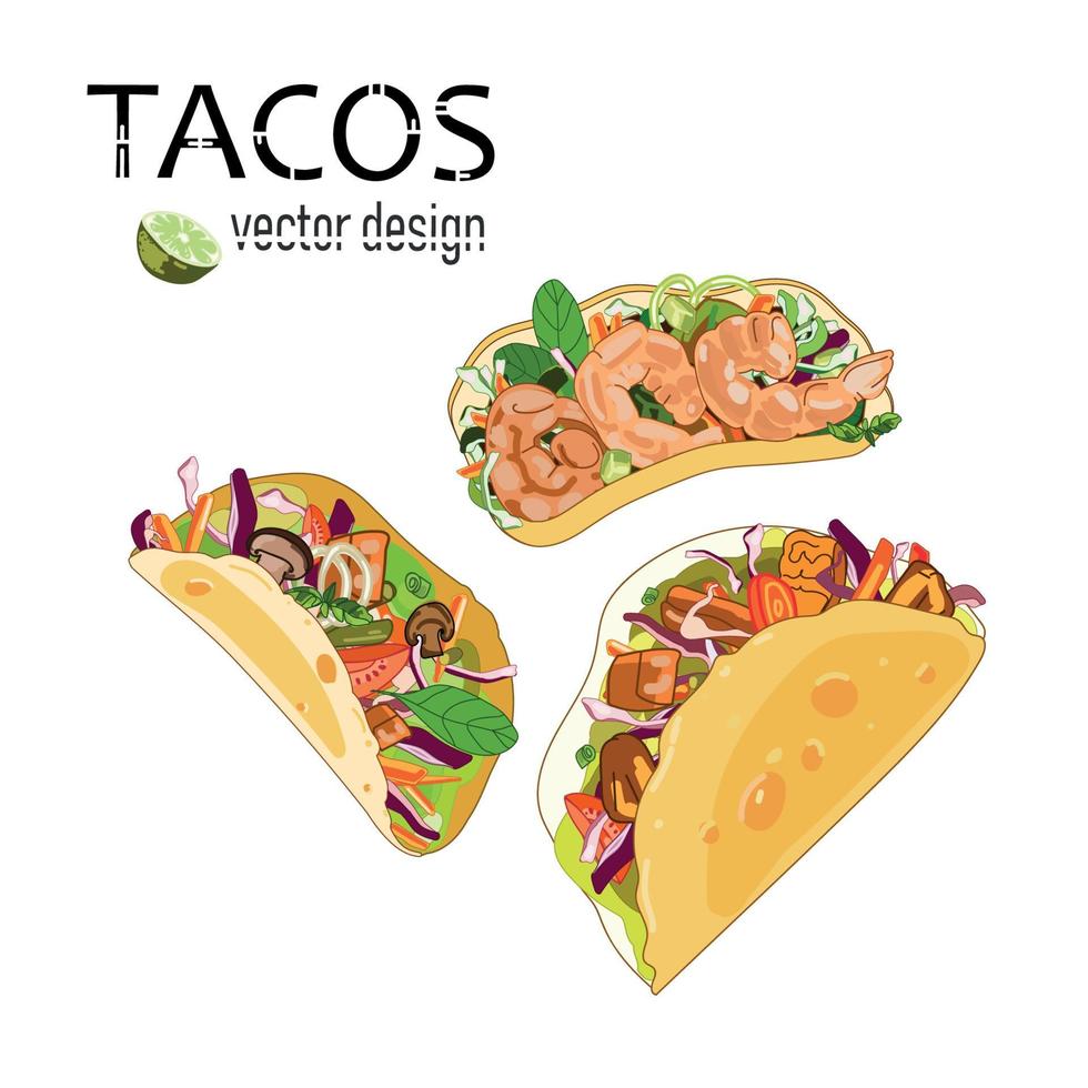 Three tacos,different fillings in a corn tortilla, with meat and vegetables,shrimps and mushrooms,drawn in a realistic cartoon sketch,on a white background. Mexican food tacos, vector illustration