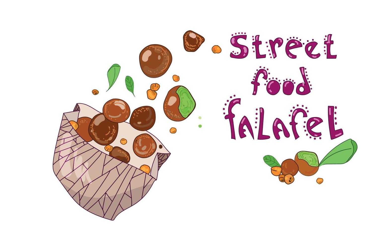 Falafel flying out of cardboard box, hand drawn design, with lettering ,street food falafel,isolated on white background. Concept of street wholesome food and takeaway food. Vegan food. Vector