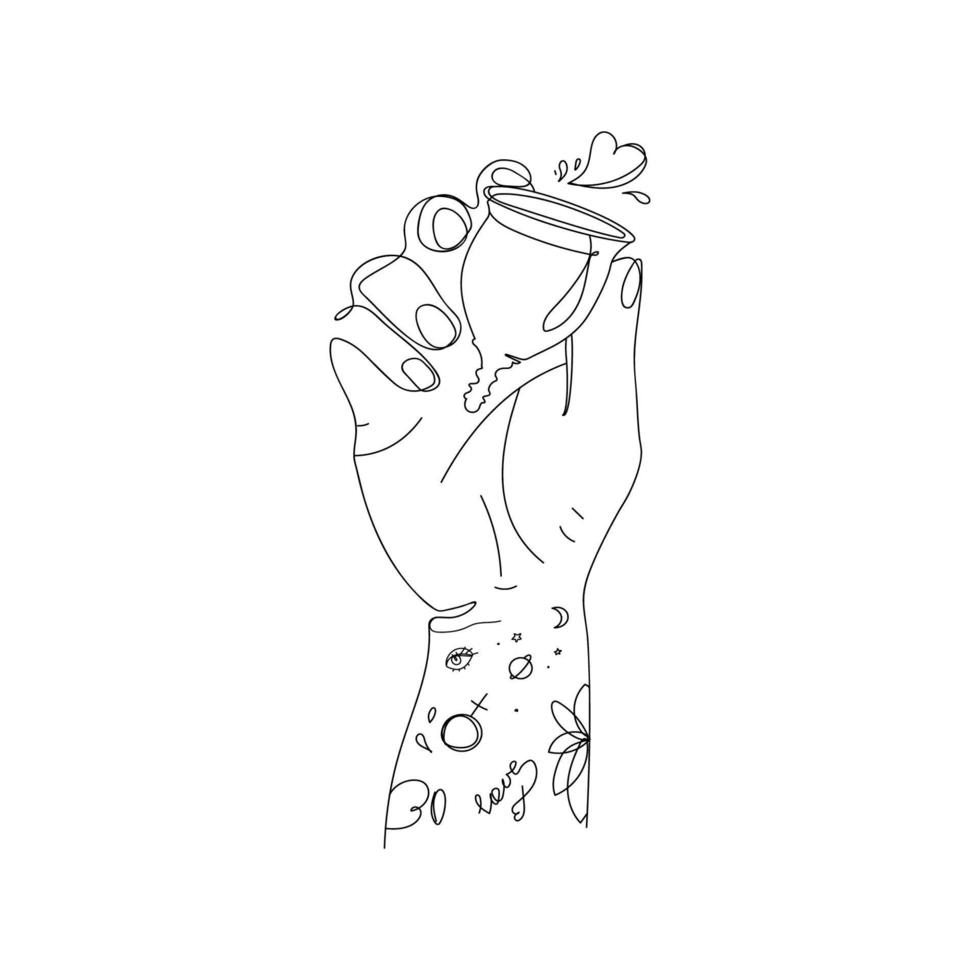 Zero waste concept. Menstrual cups in female hands with tattoos.Ecological protection for women on critical days.Vector illustration of feminine hygiene product drawn in outline continuous style vector