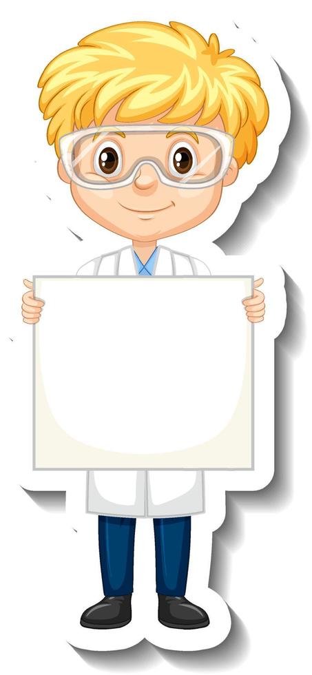 Scientist boy holding empty board in sticker style vector