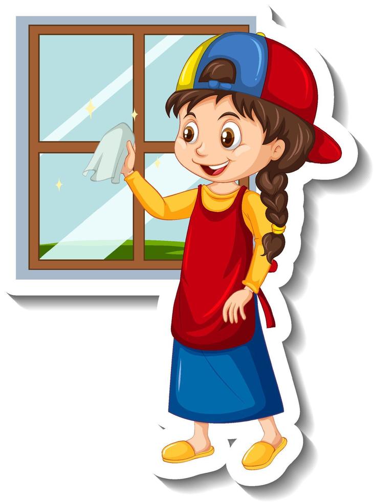 Housekeeper girl cleaning window cartoon character sticker vector