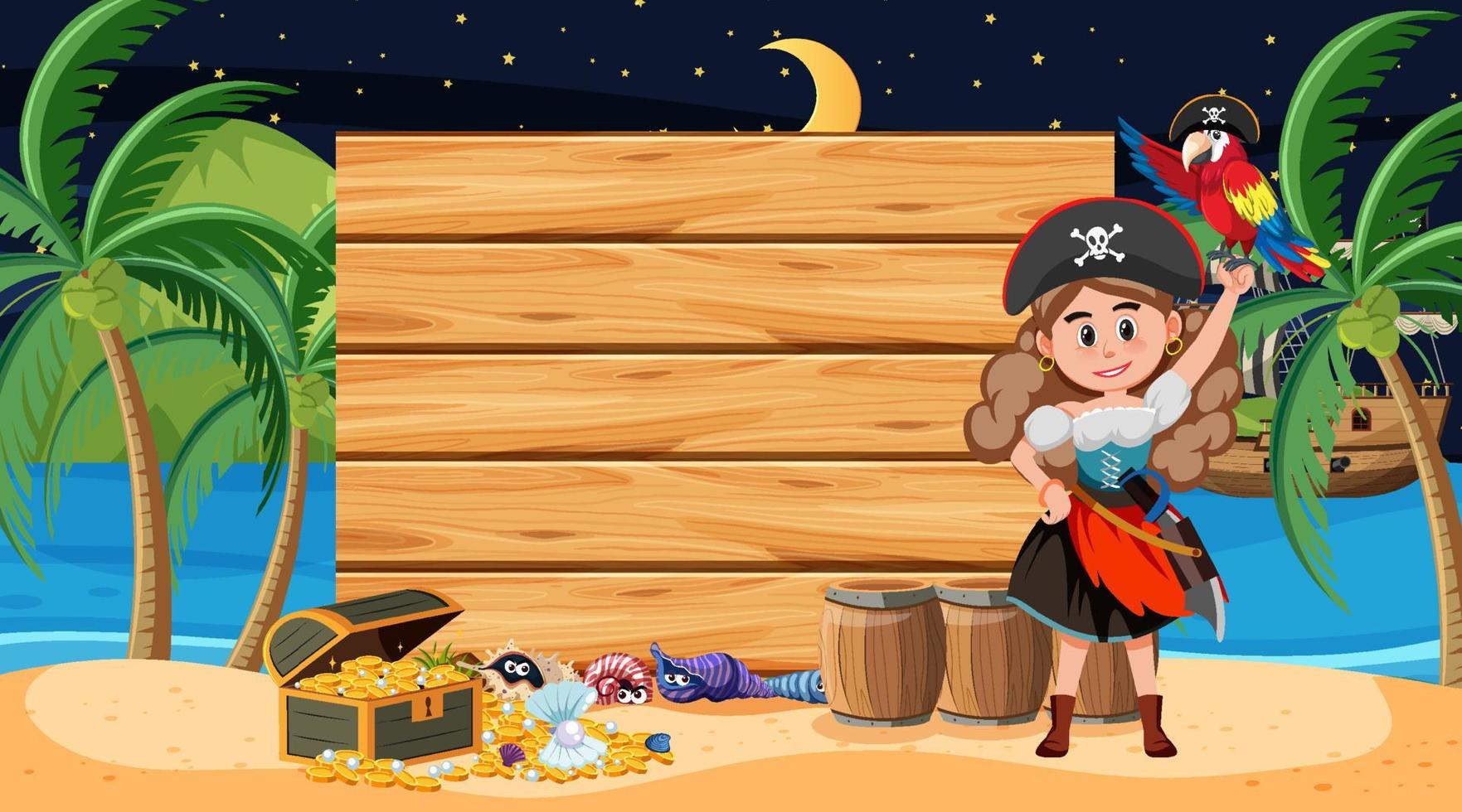 Pirate kids at the beach night scene with an empty wooden banner template vector