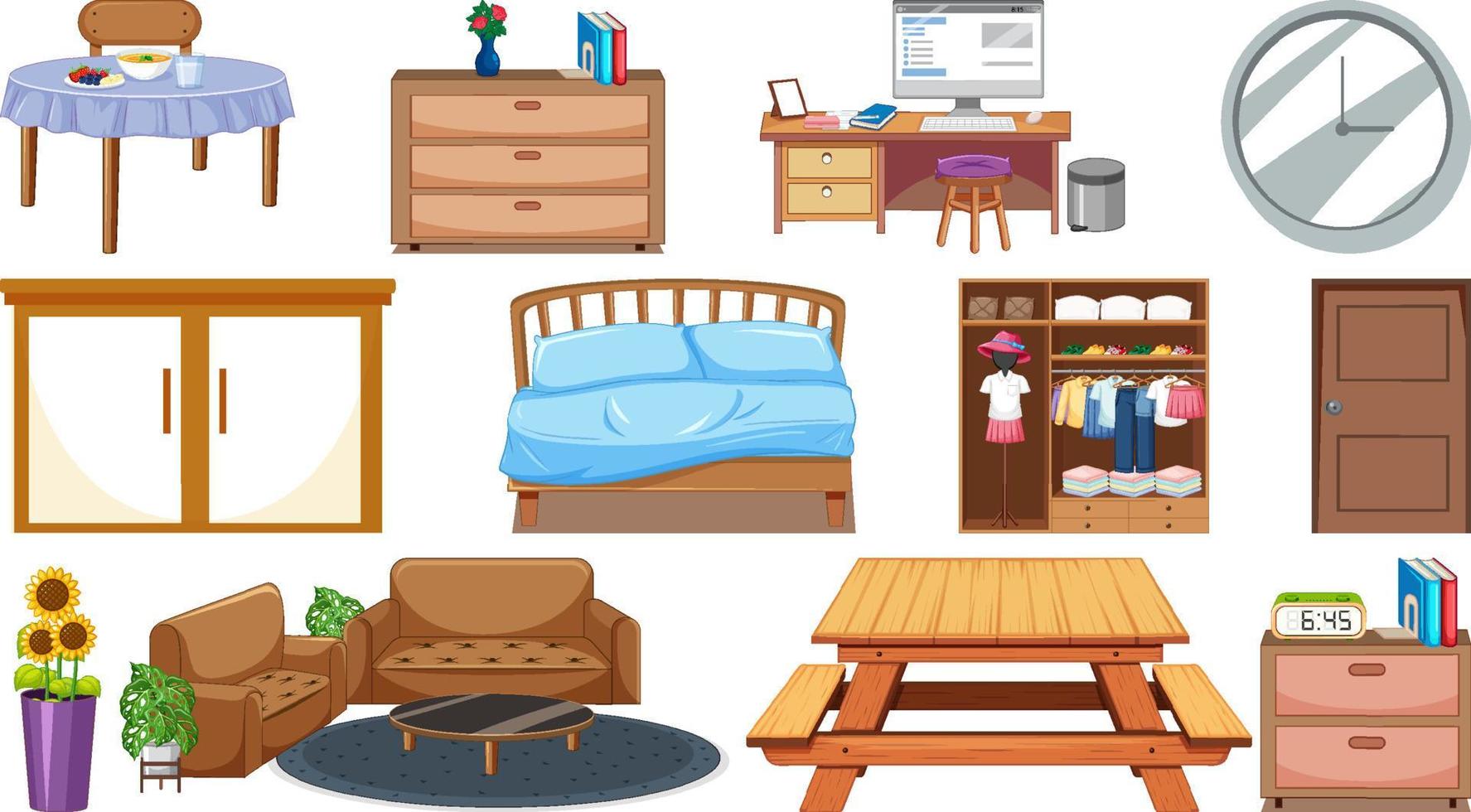 Set of interior furniture and decorations vector