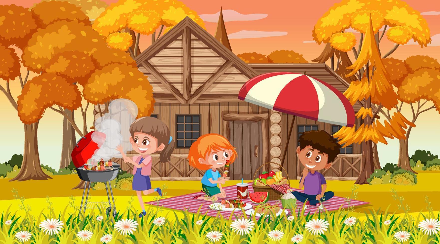 escena de otoño con muchos niños picnic en el parque vector