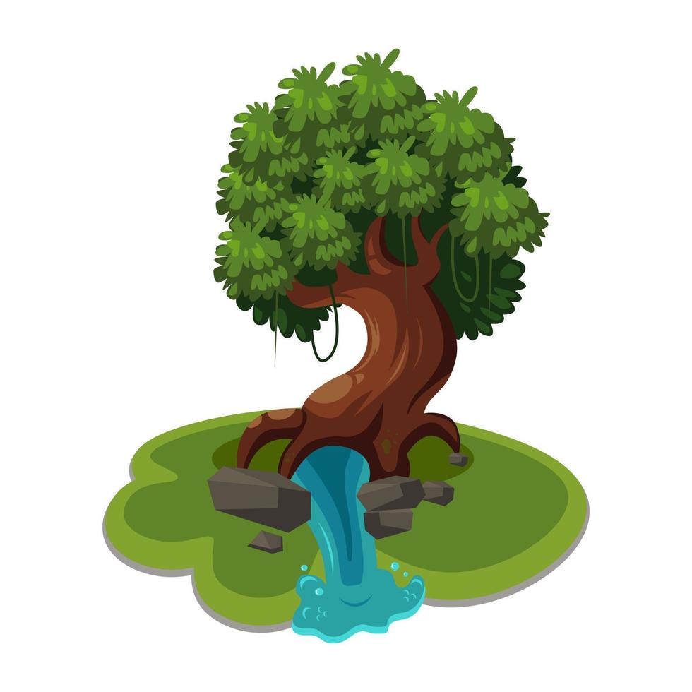 tree with spring under it cartoon vector illustration