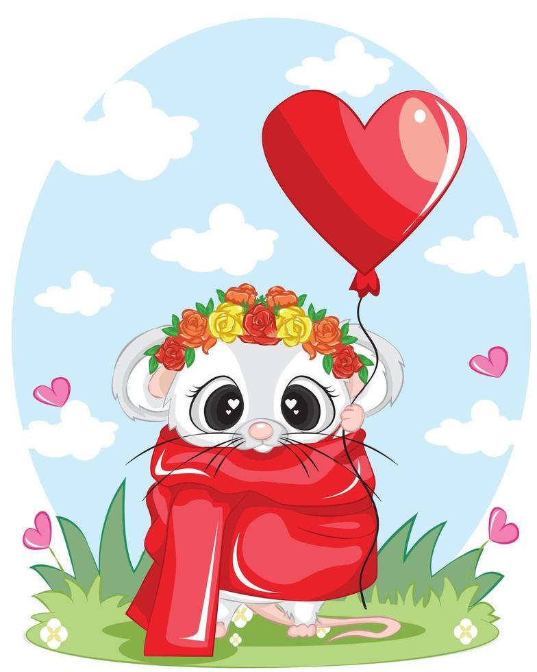 Cute mouse with heart shape balloon in paw. Valentines day card with cute mouse with heart balloon vector