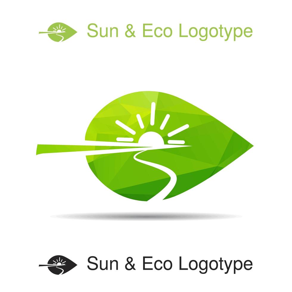 logotipo de ecología, icono y símbolo de la naturaleza, sol, río vector