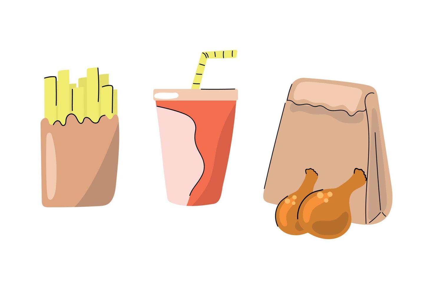 conjunto de comida rápida, patatas fritas, cola y pollo hechos a mano. concepto de comida para llevar. Ilustración plana moderna. vector
