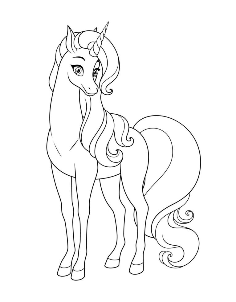 Beautiful unicorn with long mane and tail. Vector black and white illustration for coloring book page.