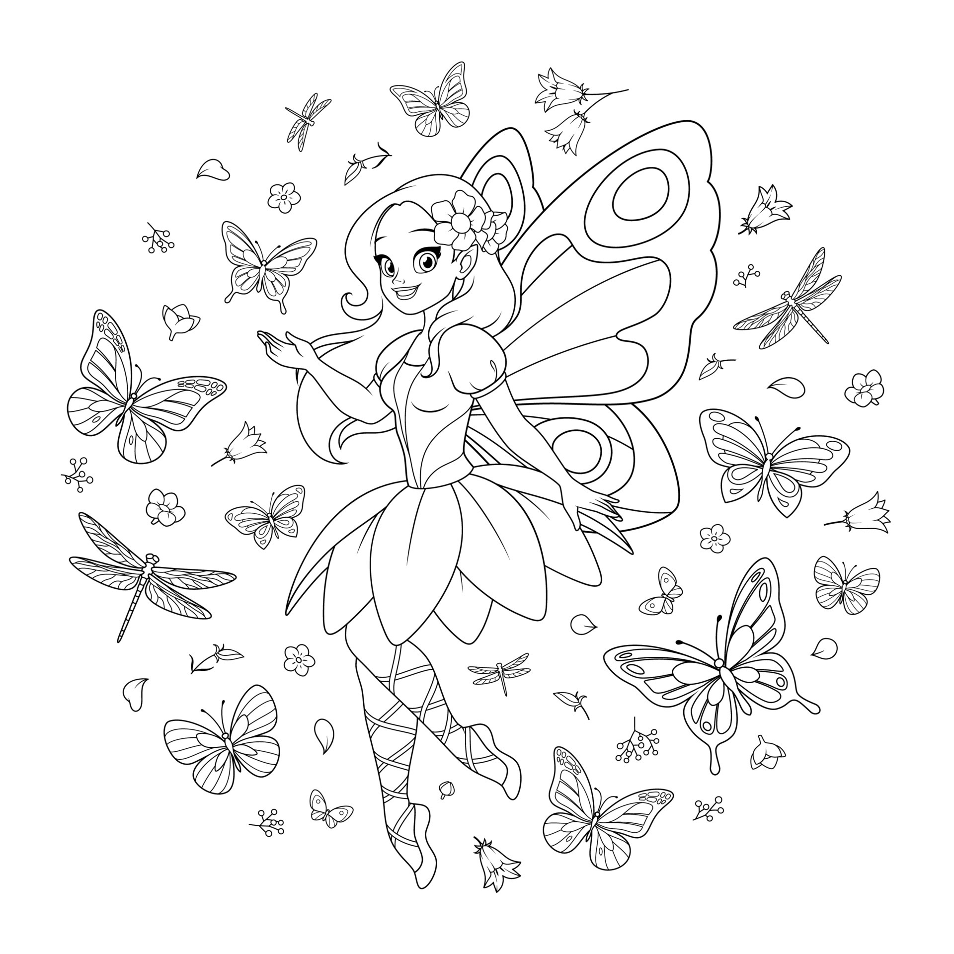 Beautiful flying fairy with wings surrounded with butterflies ...