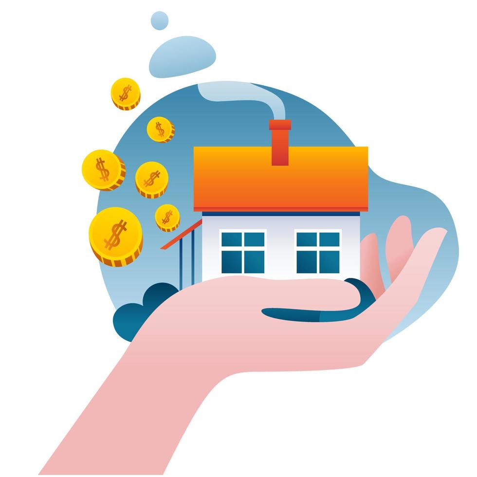 A hand holds a cute one-story house. vector