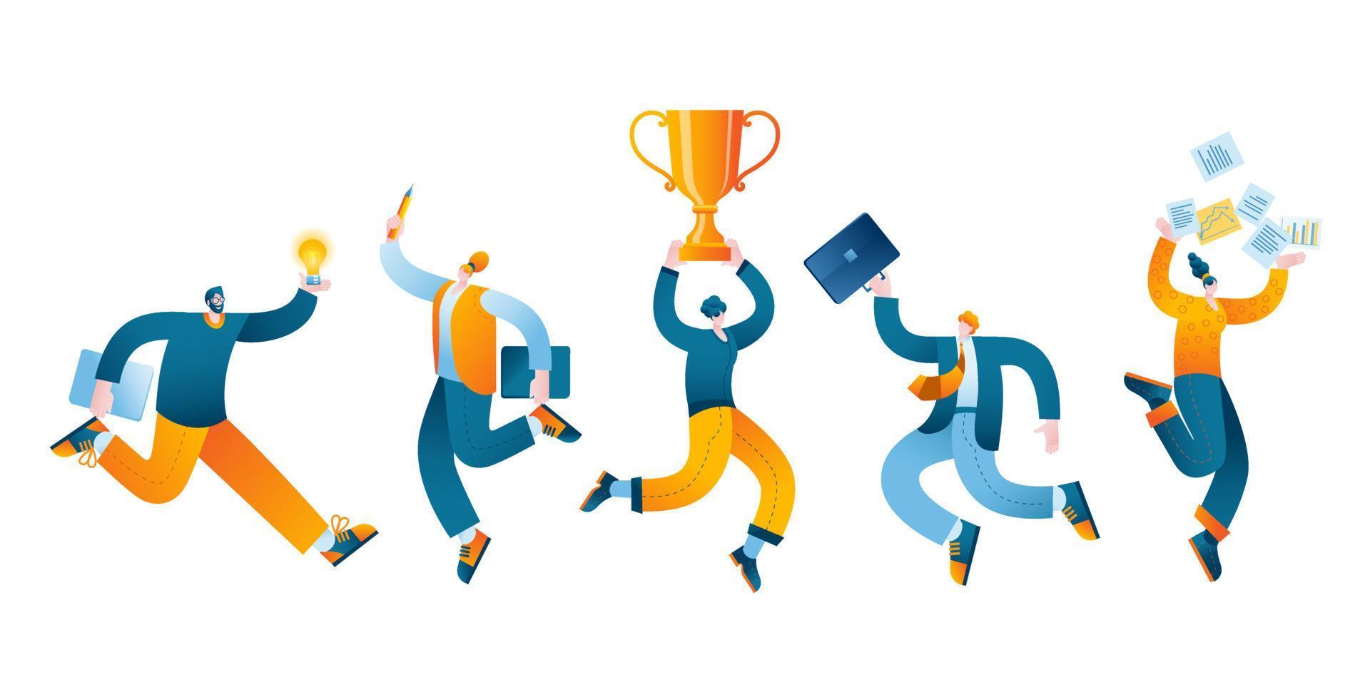 People are jumping merrily with a victory cup in their hands. vector