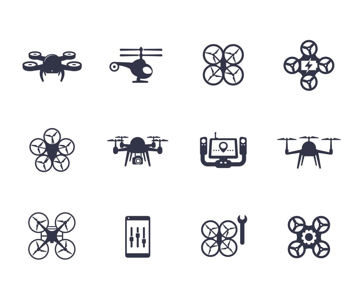 Drones, quadrocopters icons on white vector