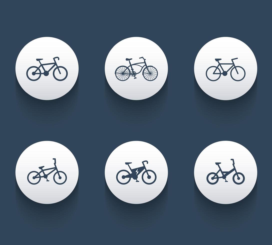 iconos de bicicleta, icono de bicicleta, ciclismo, pictograma de bicicleta, señal de bicicleta, bicicleta retro, iconos redondos de bicicleta eléctrica, ilustración vectorial vector