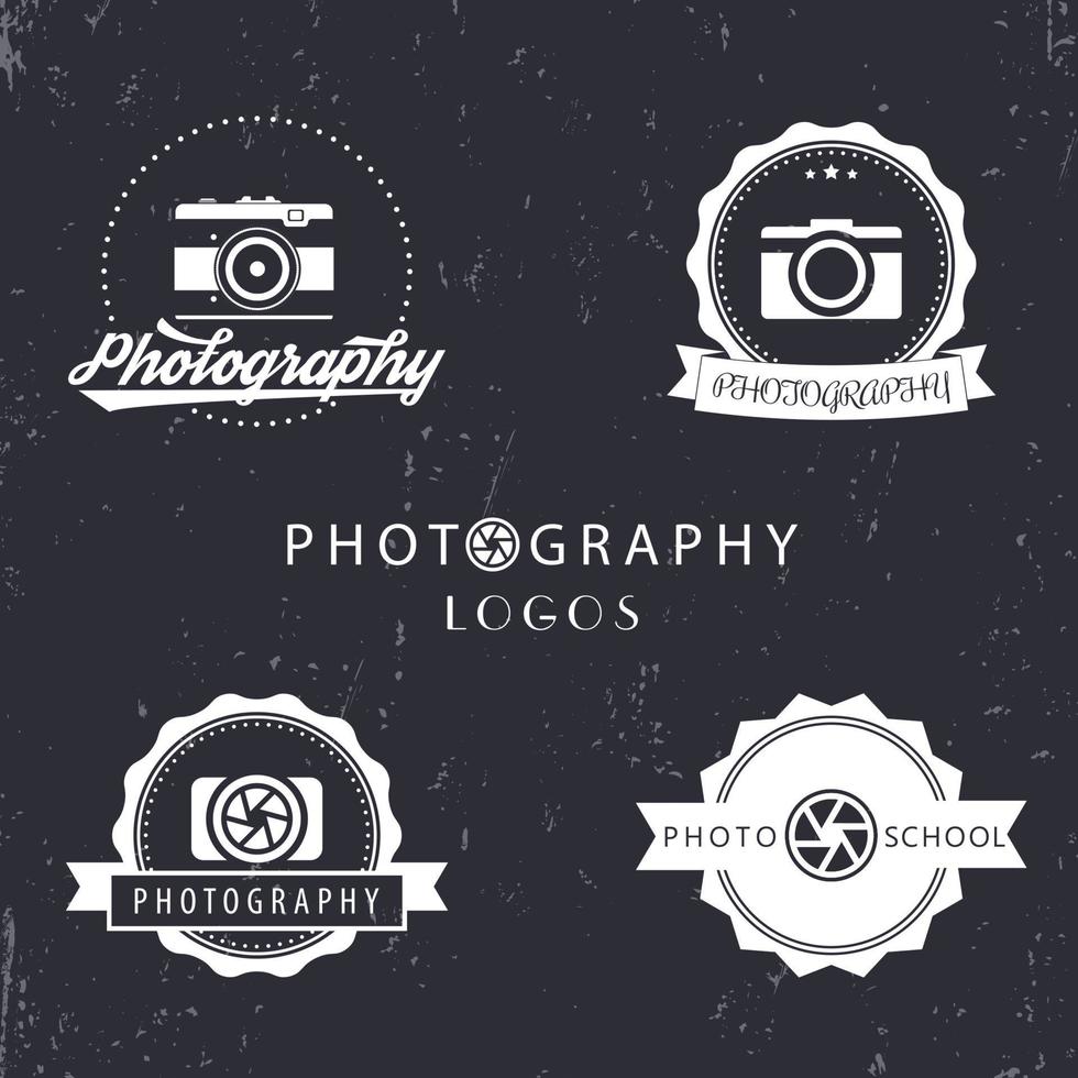 photography logos, photo school, photographer logo, emblem, photography signs, white on dark, vector illustration