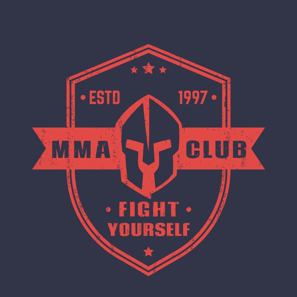 MMA club shield shape emblem, badge, logo with spartan helmet vector