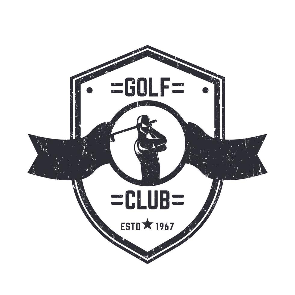 Golf club vintage logo, emblem with golfer swinging, isolated over white, texture can be removed, vector illustration