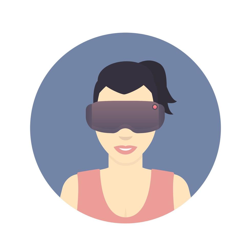 Gafas vr, auriculares, chica de dibujos animados en icono plano de gafas de realidad virtual en blanco vector