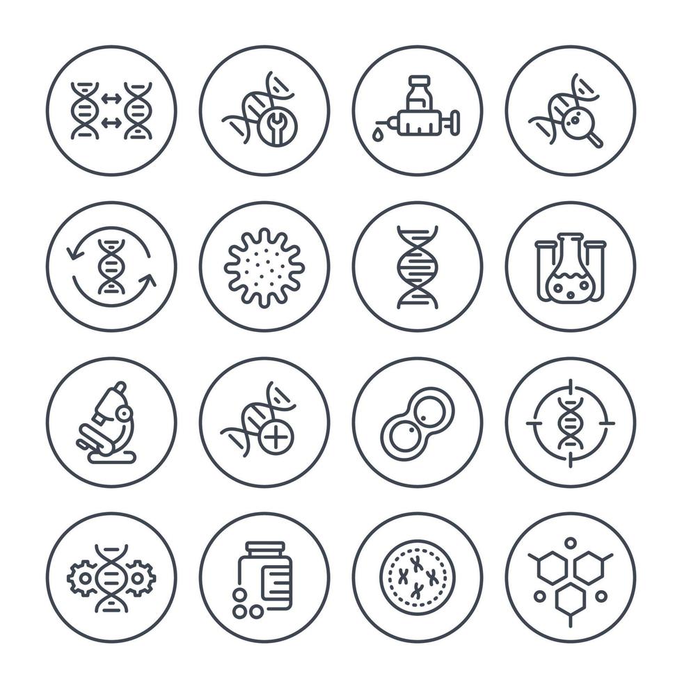 genetics line icons, dna chain, gene editing and genetic research, vector