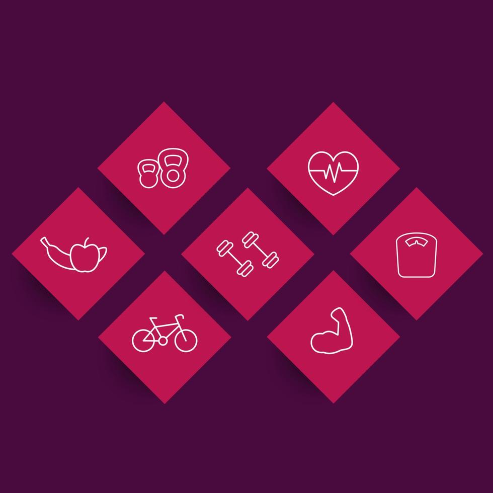 Línea de iconos de fitness en formas rómbicas rojas, pictogramas de fitness, símbolos, ilustración vectorial vector