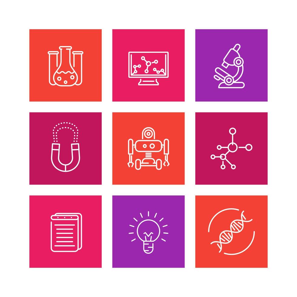 iconos de líneas de ciencia, investigación, laboratorio, iconos de ciencia en blanco, ilustración vectorial vector