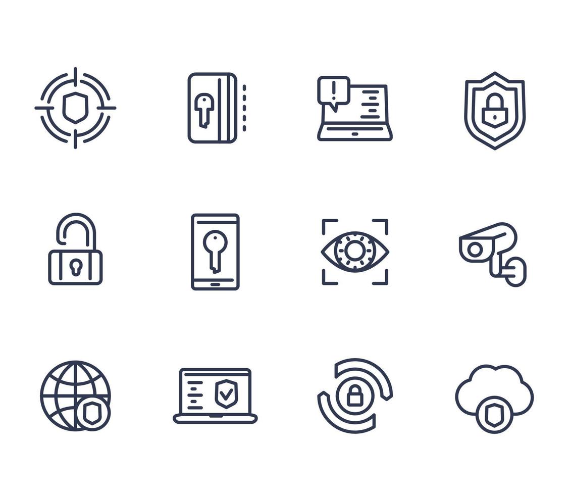 Security and protection line icons on white, secure browsing, cybersecurity, firewall vector