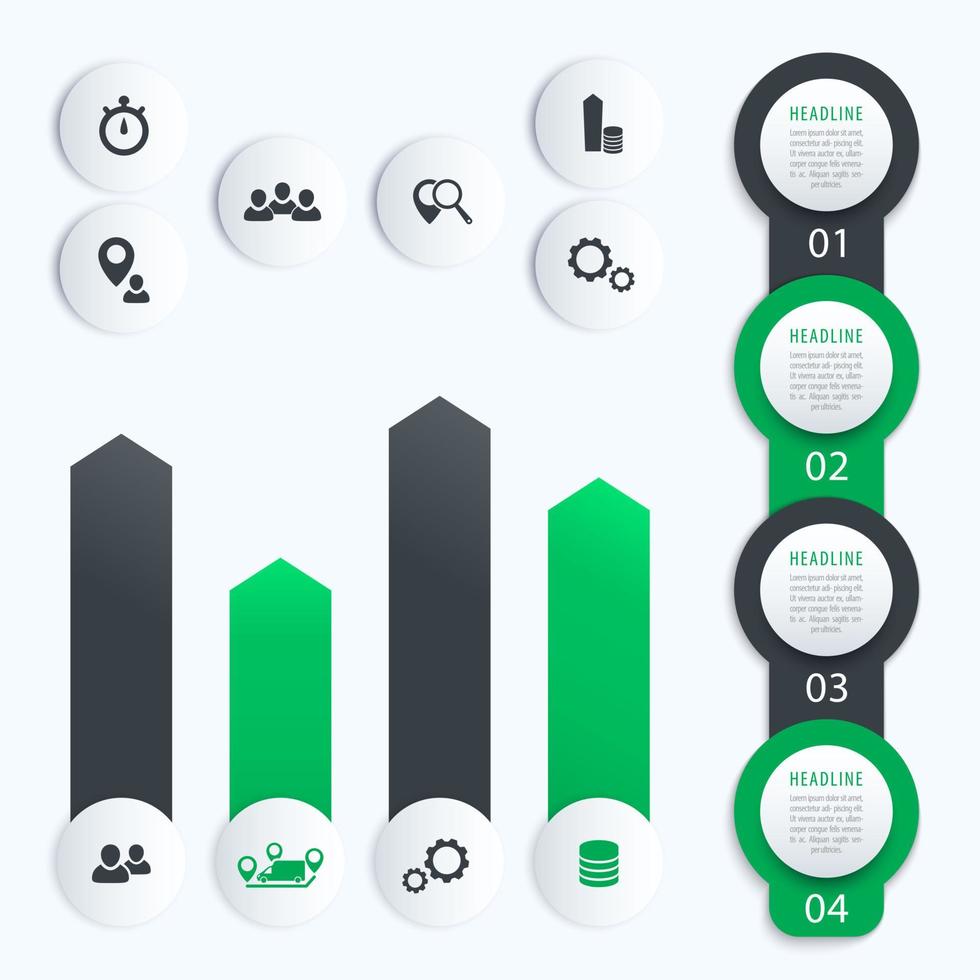 Vertical timeline, vector elements for business infographics, 1, 2, 3, 4, step labels and chart, in gray and green