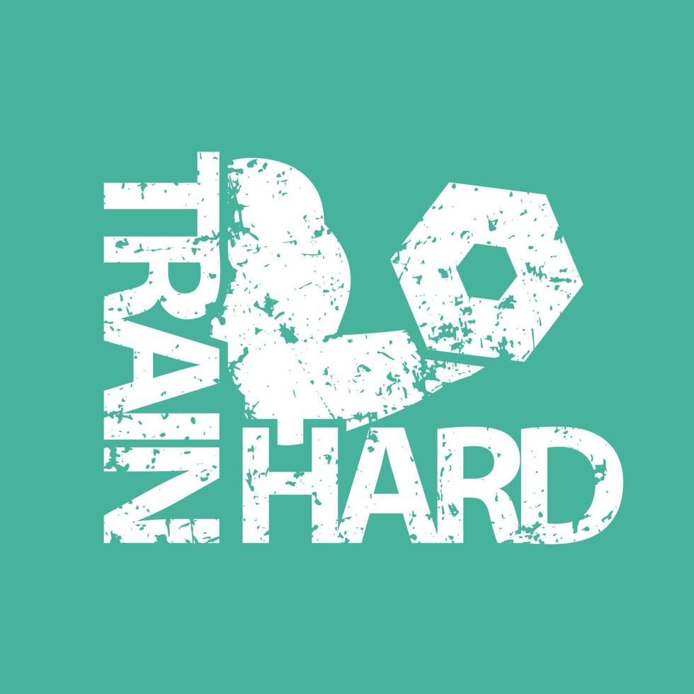 train hard t-shirt design, sign, gym t-shirt print, white on green, biceps, strong arm with dumbbell, vector illustration