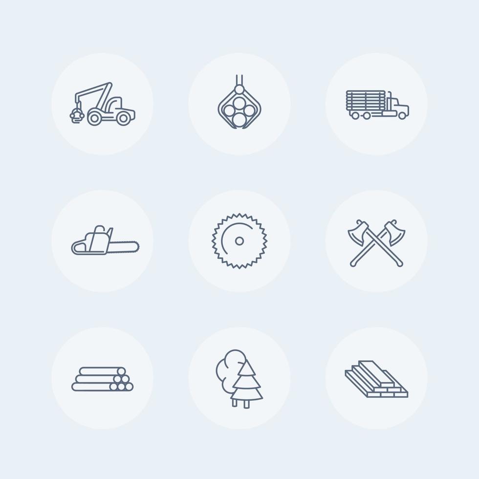 Logging line icons, forestry, timber, tree harvester, logging truck, truck with timber icons set, vector illustration