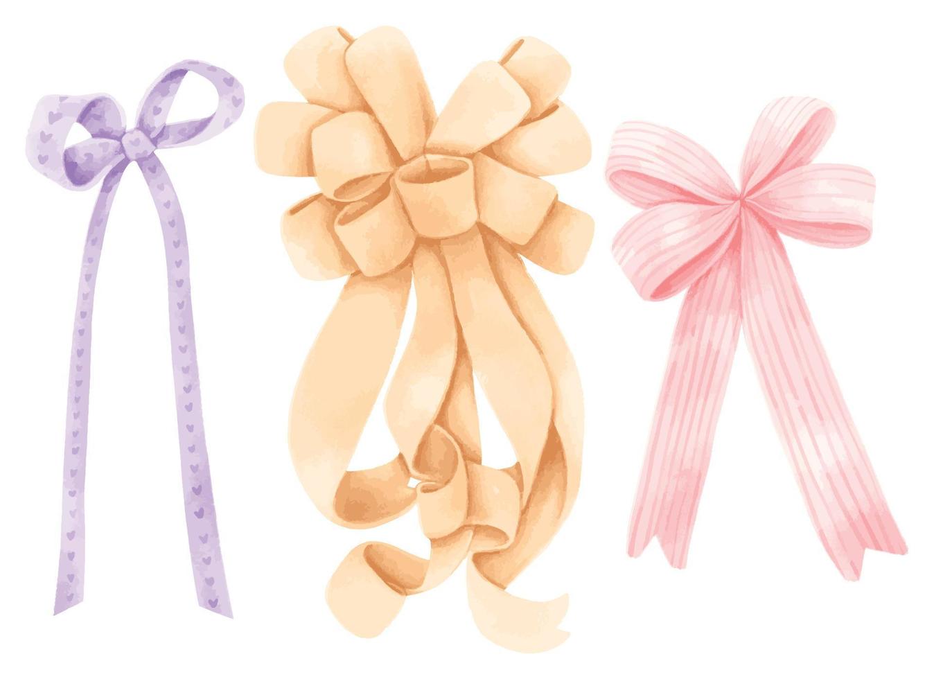 Set of gift ribbons bow illustrations hand painted watercolor styles vector